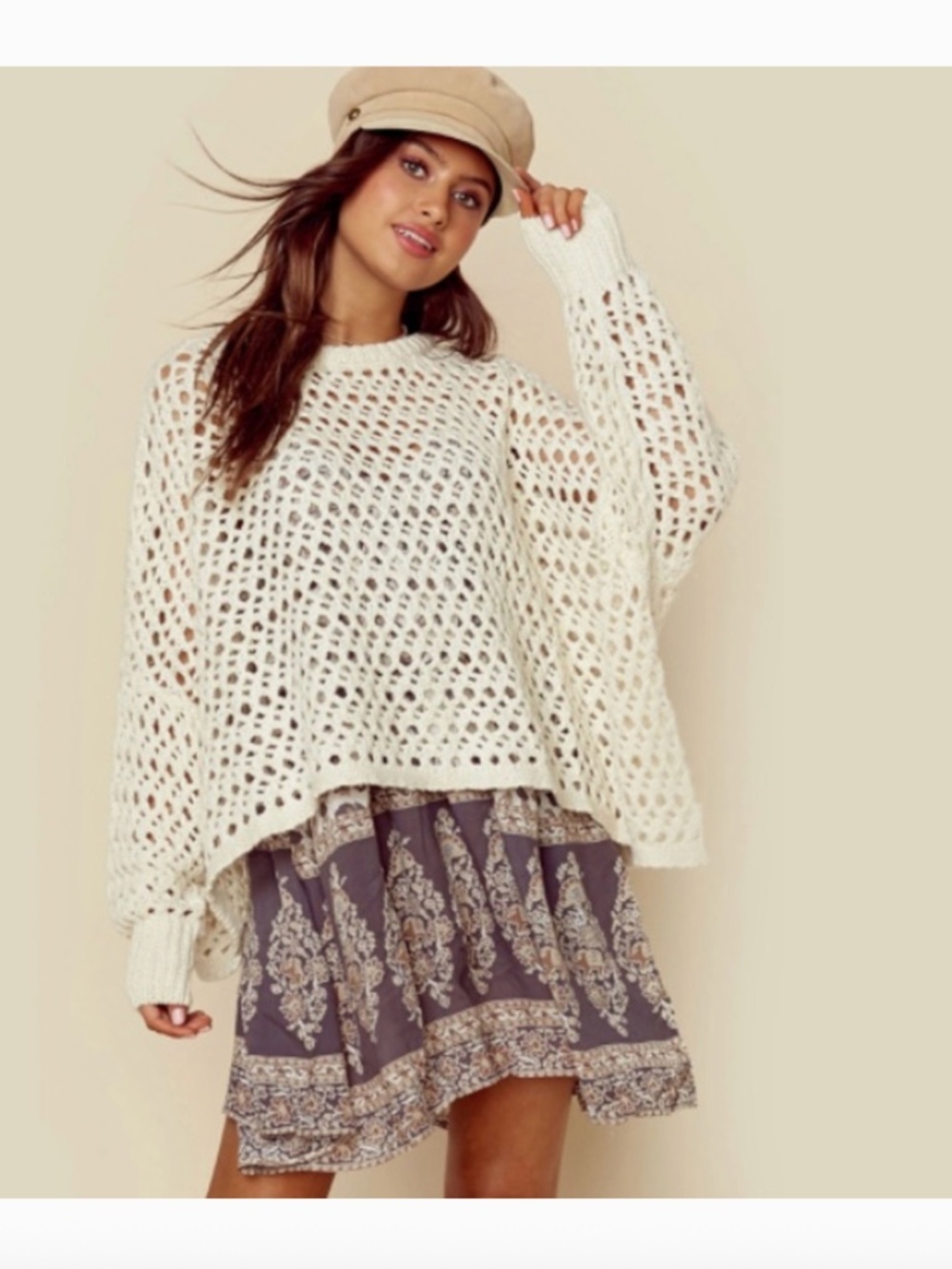 Spell Eagle Hawk Open Knit Slouch Crew Neck Sweater, m/l